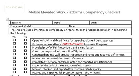 Mobile Elevated Work Platforms Competency Checklist Stallion Safety Mobile Elevated Work Platforms Competency Checklist Stallion Safety